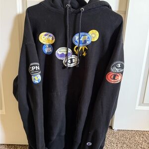 Champion Black Hoodie with Colorful Graphic Patches